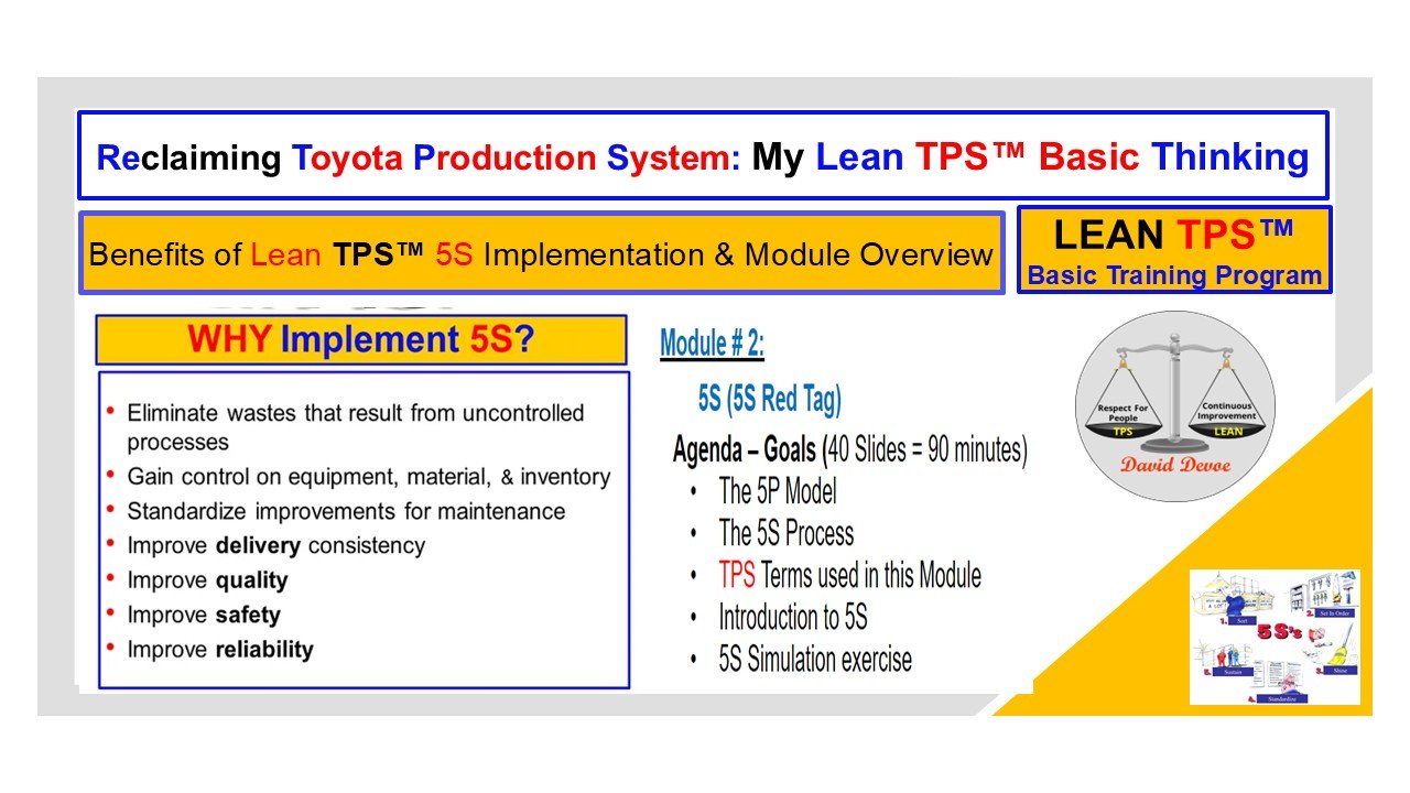 Lean TPS 5S implementation overview showing module agenda, training benefits, and 5S purpose within the Lean TPS Basic Training Program.