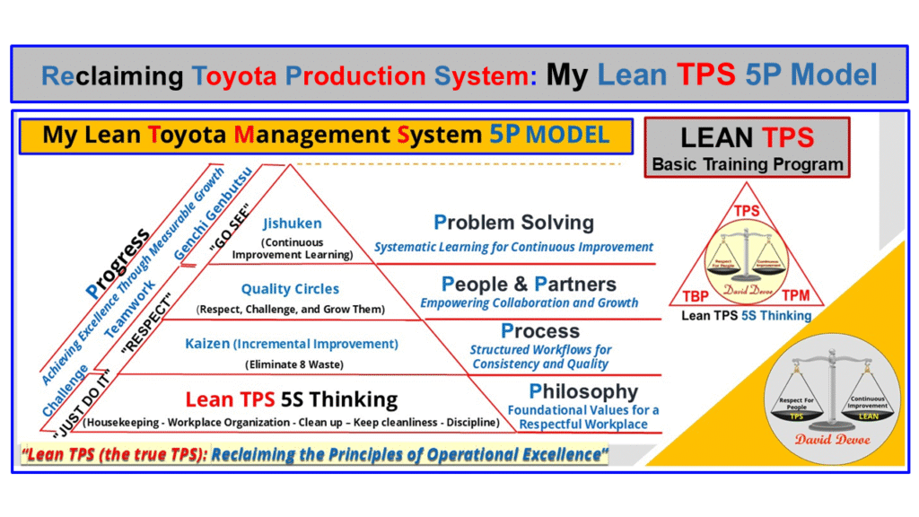 Lean TPS 5P Model diagram showing the five elements Problem Solving People and Partners Process Philosophy and Lean TPS 5S Thinking.