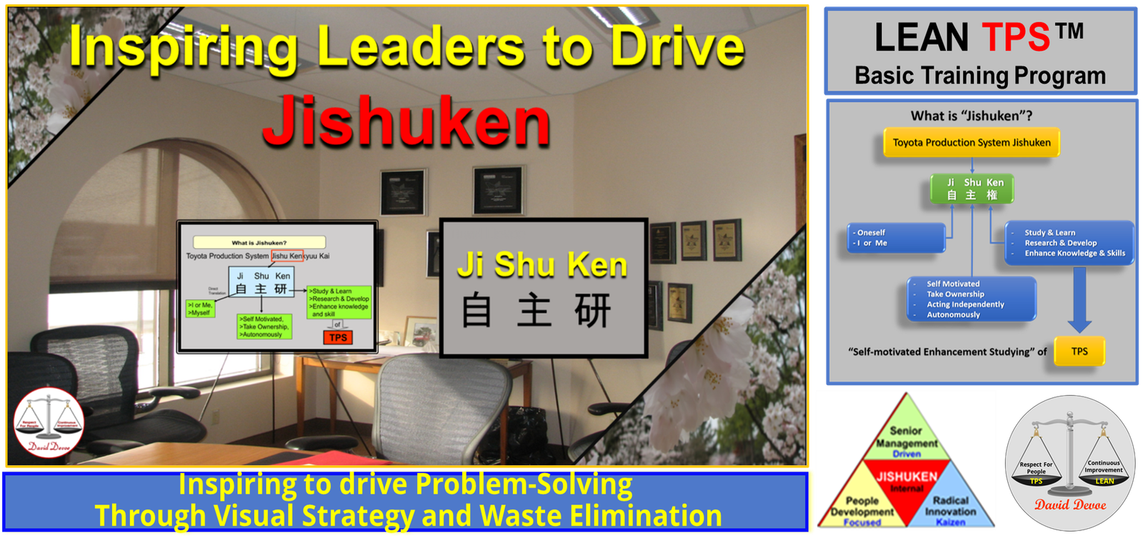 Lean TPS Jishuken leadership visual showing Ji Shu Ken kanji and training room diagram with Lean TPS Basic Training Program display.