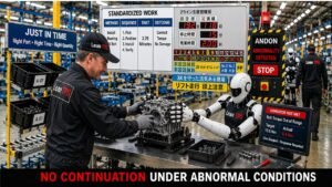 Toyota Production System assembly line with human operator and humanoid robot performing standardized work with Andon stop condition showing abnormality detection and no continuation under abnormal conditions