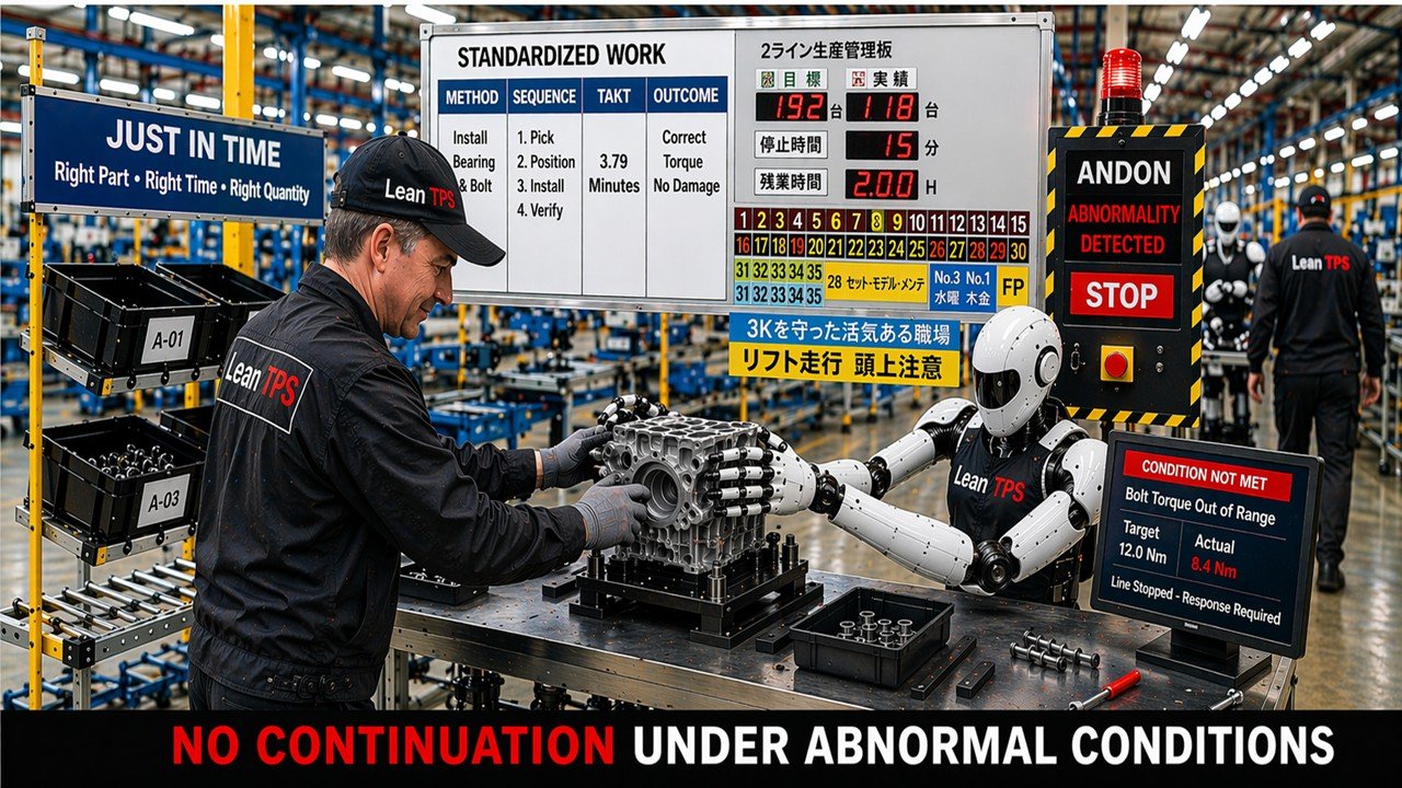 Toyota Production System assembly line with human operator and humanoid robot performing standardized work with Andon stop condition showing abnormality detection and no continuation under abnormal conditions