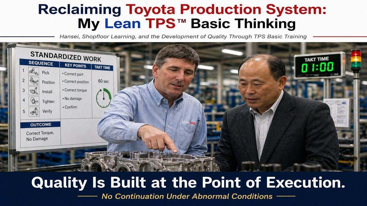 Lean TPS Basic Thinking shown at the point of execution with Standardized Work, operator activity, and leadership engagement supporting Quality through governed conditions