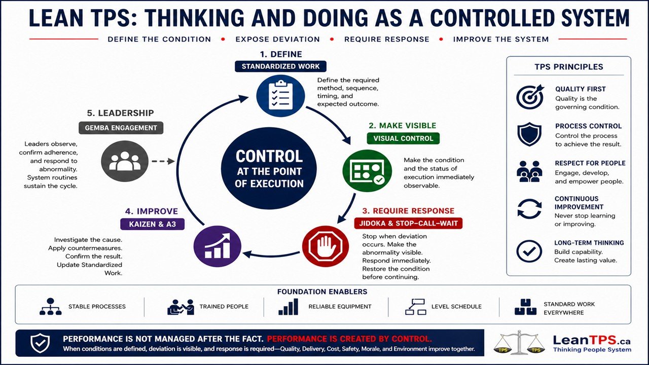 Lean TPS governed execution system diagram showing Standardized Work, Visual Control, Jidoka, Stop–Call–Wait, Kaizen, and leadership engagement controlling performance at the point of execution.