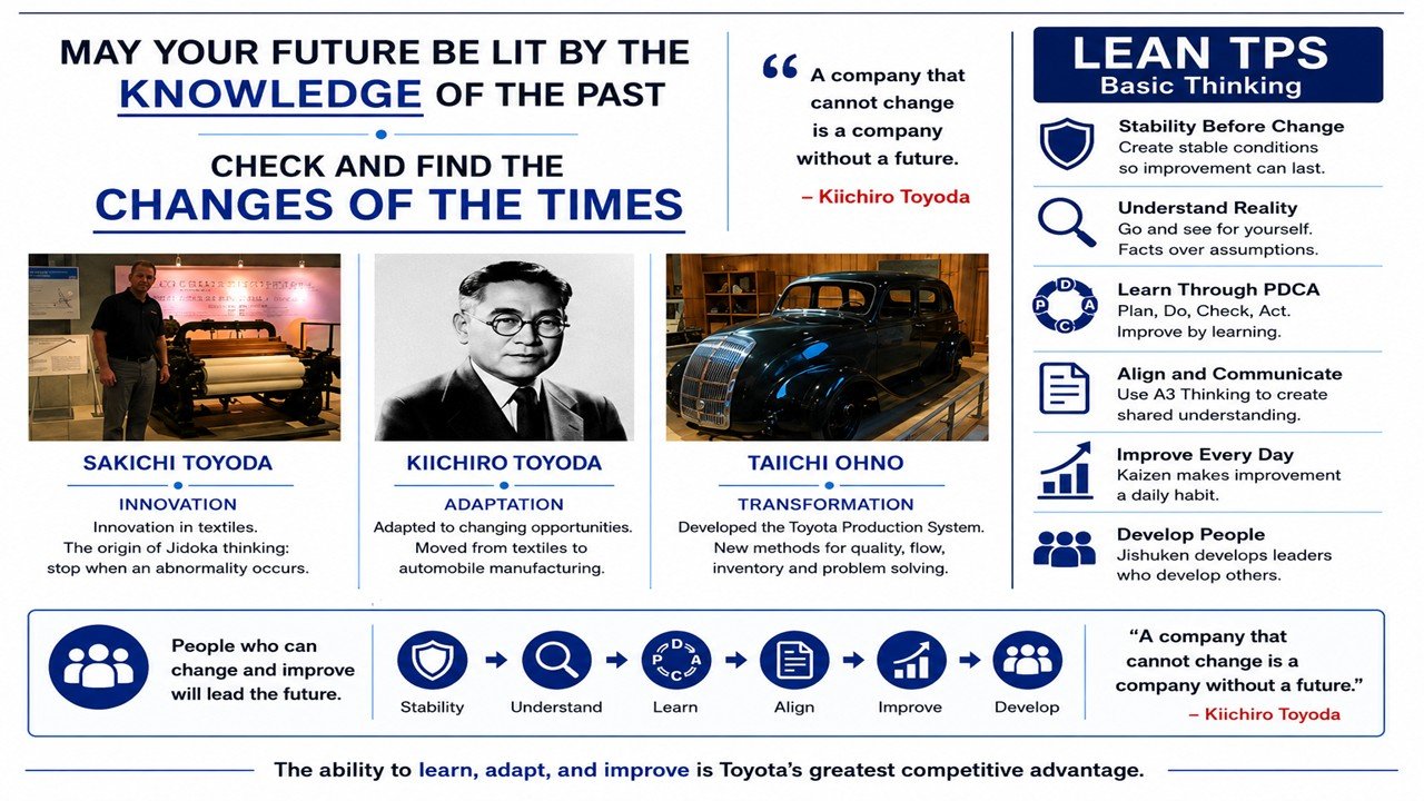 Kiichiro Toyoda and the evolution of Toyota thinking from Sakichi Toyoda's automatic loom innovation to automotive manufacturing, illustrating the Lean TPS principle that organizations must continuously adapt and improve to remain competitive.