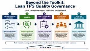 Lean TPS Quality Governance framework showing Process Flow Diagram, PFMEA, Process Control Plan, Leadership Response, and Quality Governance.