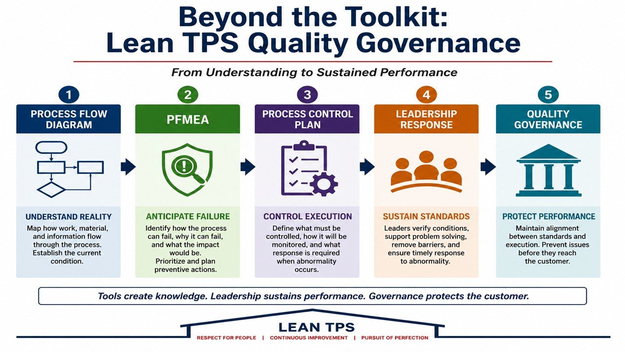 Lean TPS Quality Governance framework showing Process Flow Diagram, PFMEA, Process Control Plan, Leadership Response, and Quality Governance.