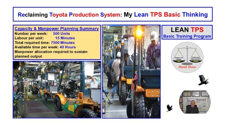 Assembly line of forklifts in production, representing manpower and capacity planning in a Lean TPS environment.