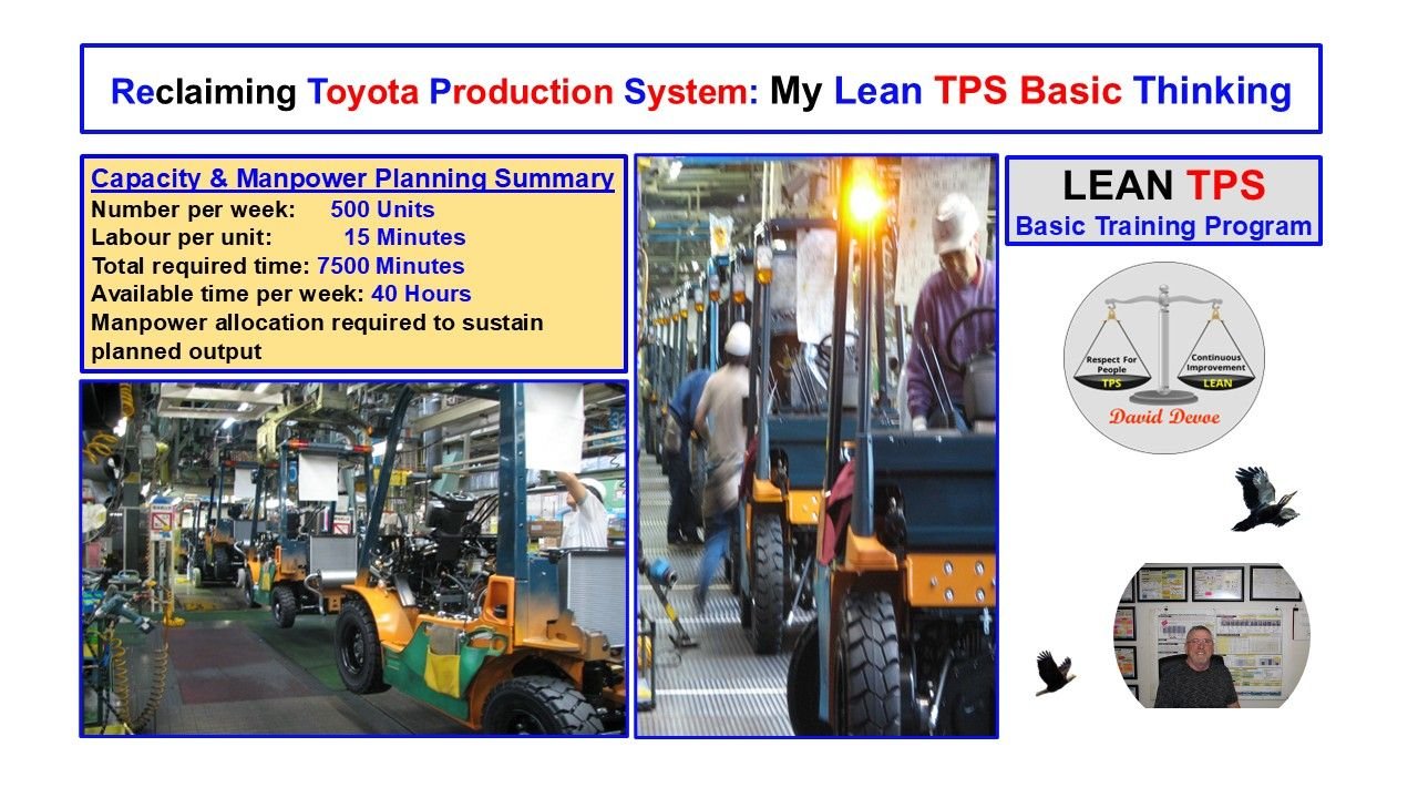Assembly line of forklifts illustrating manpower and capacity planning under Lean TPS principles.