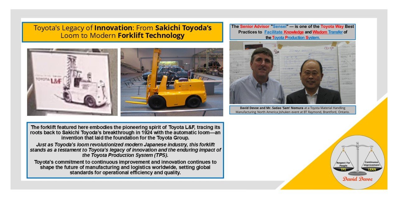 David Devoe with Mr. Sadao “Sam” Nomura at a Jishuken event at BT Raymond, alongside Toyota’s legacy forklift image linking Sakichi Toyoda’s original loom innovation to modern TPS leadership.