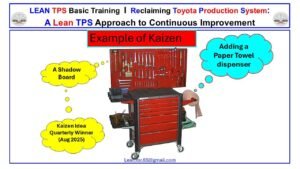 Kaizen workstation improvement showing a red tool cabinet with a shadow board and paper towel dispenser used in Lean TPS training.