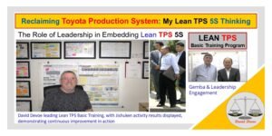 David Devoe leading Lean TPS Basic Training with Jishuken activity results on display, alongside Toyota mentors demonstrating Gemba leadership and engagement in continuous improvement.