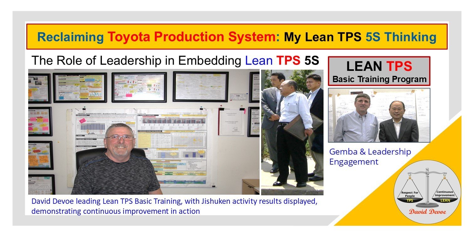 David Devoe leading Lean TPS Basic Training with Jishuken activity results on display, alongside Toyota mentors demonstrating Gemba leadership and engagement in continuous improvement.