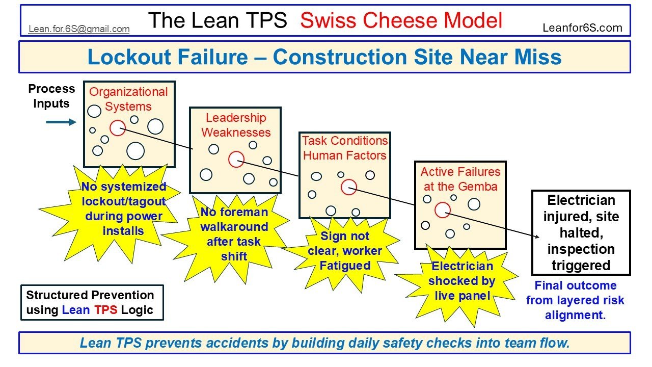 Visual case from the Lean TPS Swiss Cheese Model showing how missing lockout procedures, poor shift communication, and unclear signage led to an electrician being shocked by a live panel during construction work.