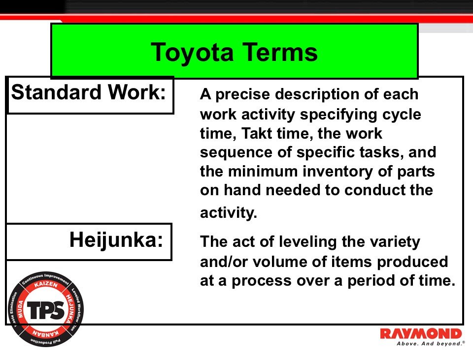 Toyota Terms slide showing definitions of Standardized Work and Heijunka used in the Lean TPS Basic Training Module.