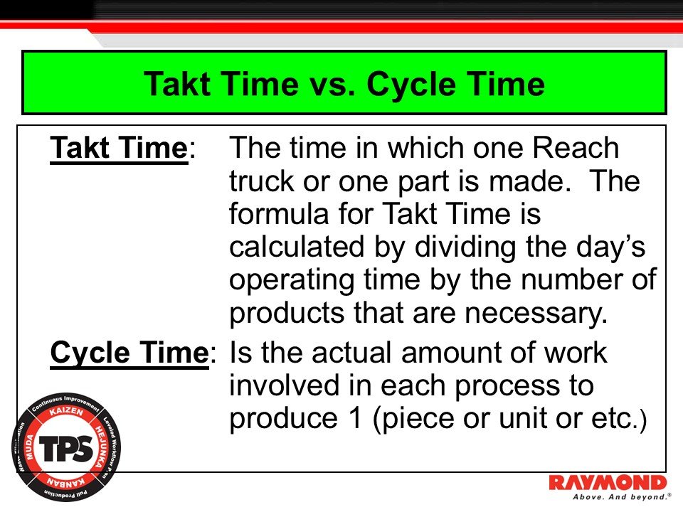 Comparison slide showing definitions of takt time and cycle time in a Toyota Production System training module.