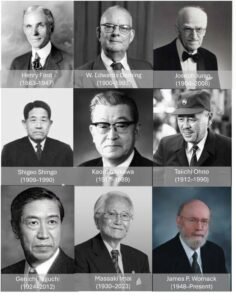 Collage of key improvement figures including Ford, Deming, Juran, Shingo, Ishikawa, Ohno, Taguchi, Imai, and Womack, illustrating the origins of modern industrial systems.