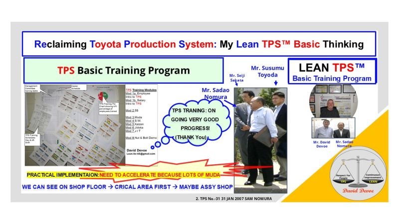 Visual showing Toyota leaders Mr. Sadao Nomura, Mr. Seiji Sakata, and Mr. Susumu Toyoda reviewing Lean TPS Basic Training at Toyota BT Raymond.
