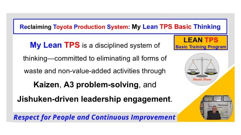 Lean TPS Basic Thinking visual showing Kaizen, A3 problem-solving, and Jishuken-driven leadership engagement within the Toyota Production System.