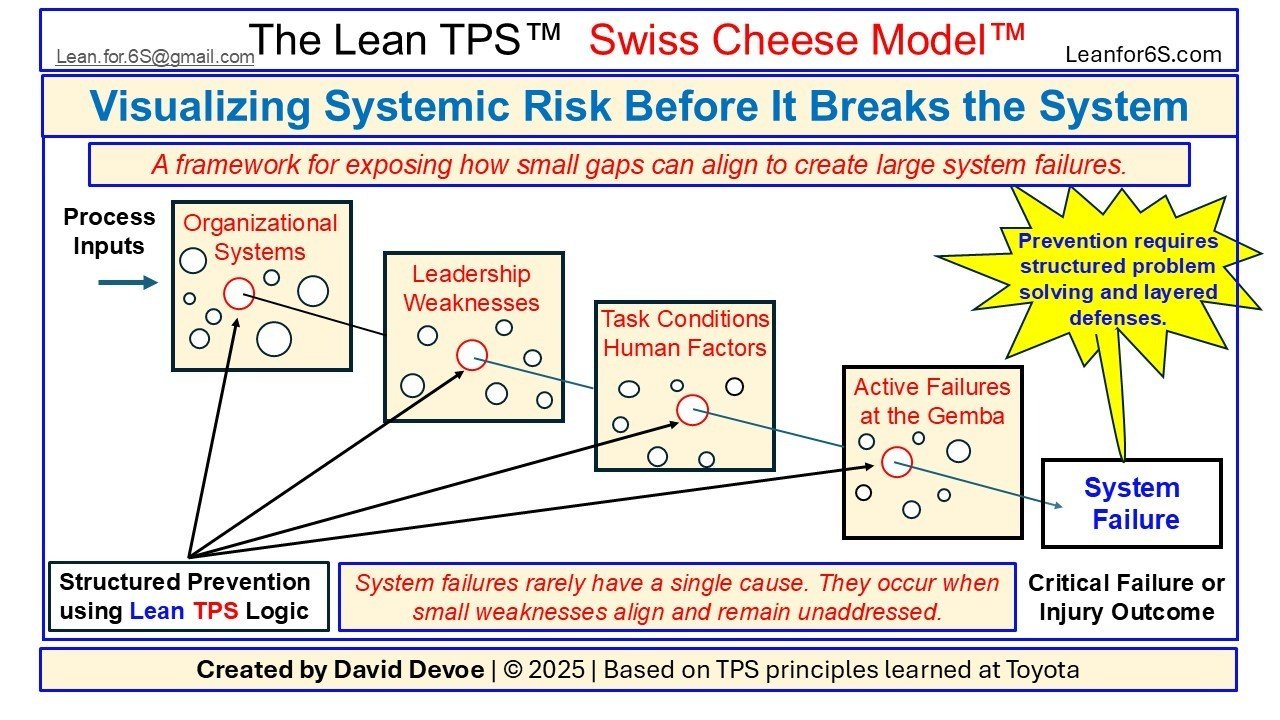 Diagram of the Lean TPS Swiss Cheese Model™ showing four layers—Organizational Systems, Leadership Weaknesses, Task Conditions and Human Factors, and Active Failures at the Gemba—illustrating how small weaknesses align into system failure.