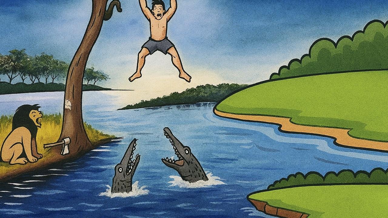 Lean TPS illustration showing a man hanging from a tree over crocodiles with a lion on the bank, symbolizing system blindness and the importance of seeing the whole picture in Lean TPS problem solving.