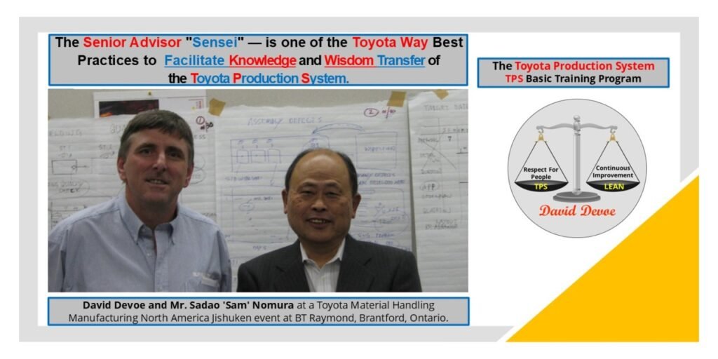 Mr. Sadao “Sam” Nomura with David Devoe during a Jishuken event at BT Raymond, Brantford, symbolizing Toyota’s tradition of mentorship and knowledge transfer in the Toyota Production System.