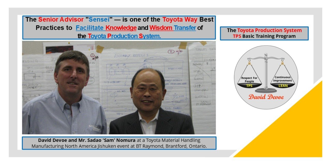 Mr. Sadao “Sam” Nomura with David Devoe during a Jishuken event at BT Raymond, Brantford, symbolizing Toyota’s tradition of mentorship and knowledge transfer in the Toyota Production System.