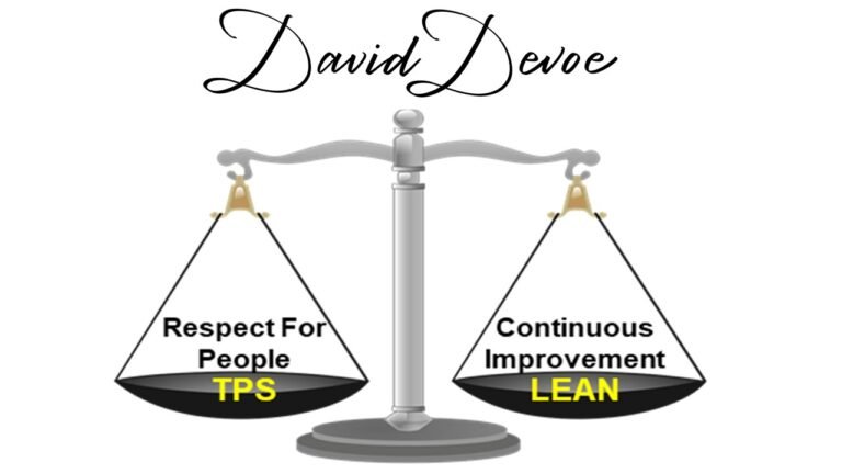David Devoe with the Lean TPS balance scale showing Respect for People and Continuous Improvement.