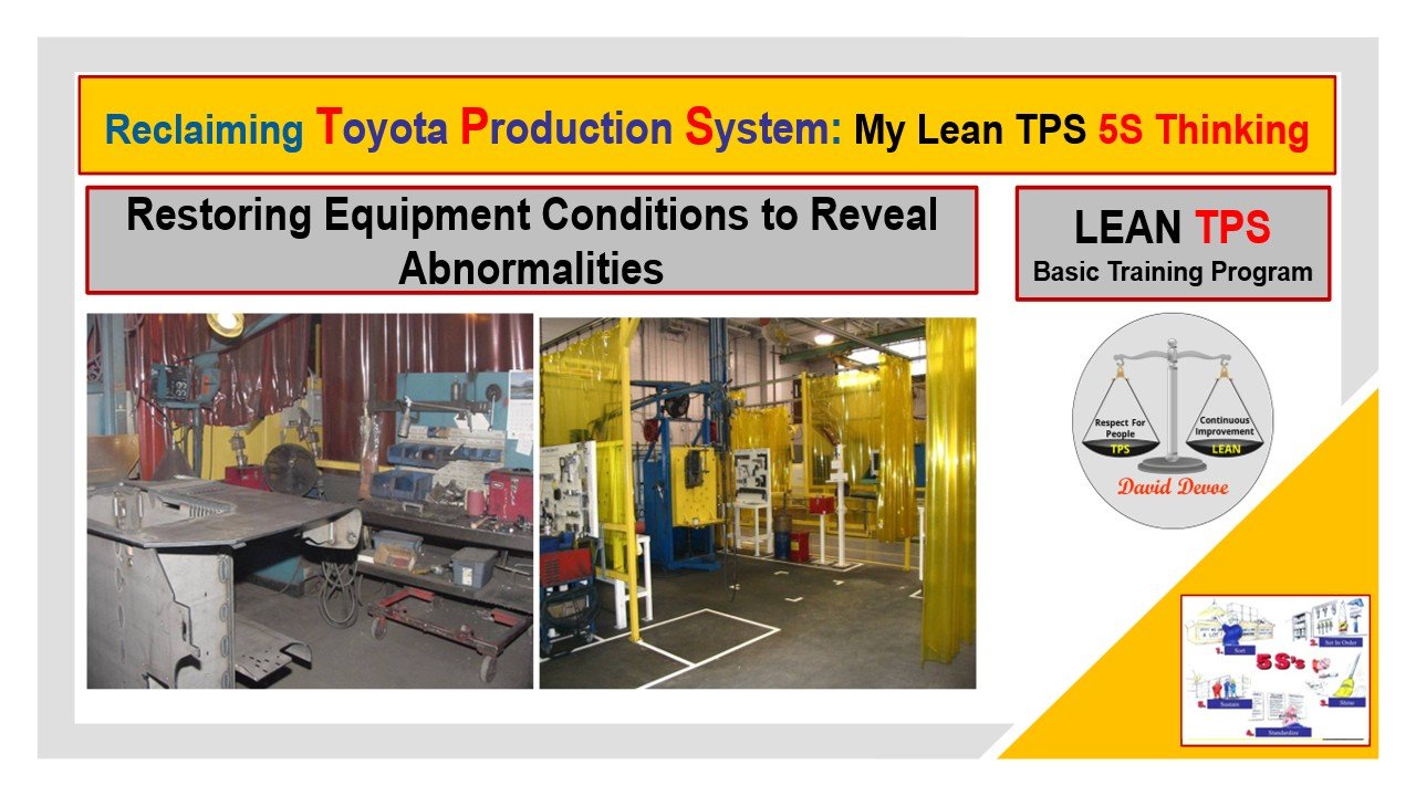 Before and after comparison showing equipment conditions restored through Lean TPS 5S to expose abnormalities.