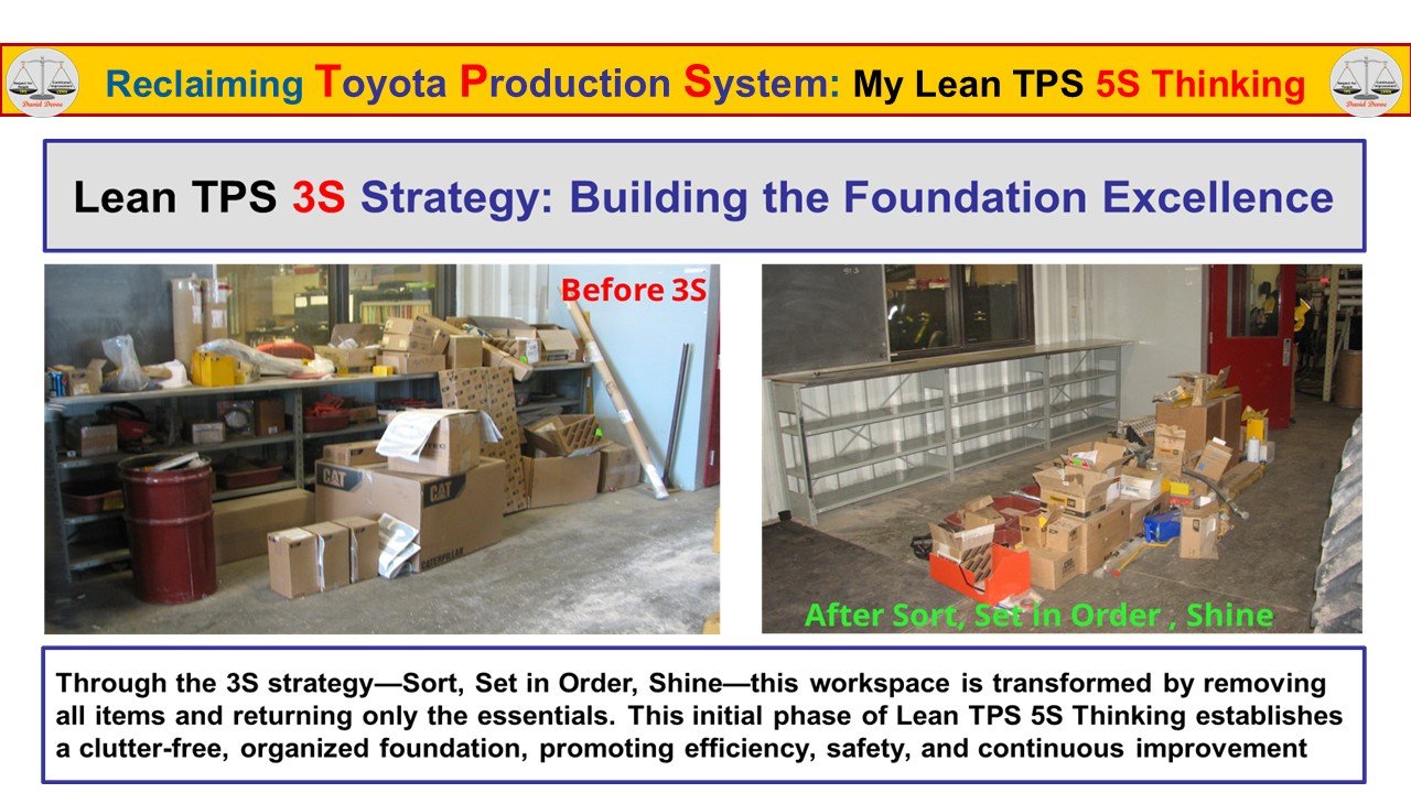 Before and after comparison showing Lean TPS 3S strategy restoring workplace stability through Sort, Set in Order, and Shine.