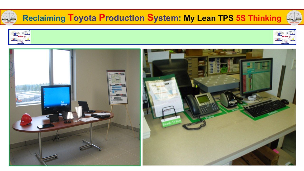 Lean TPS 5S office and workstation setup with visual organization and standardized layout.
