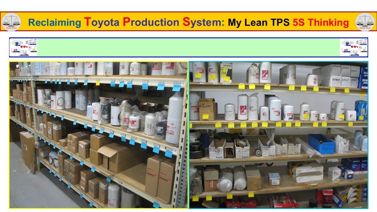 Lean TPS 5S parts storage with labeled shelves and visually controlled inventory locations.