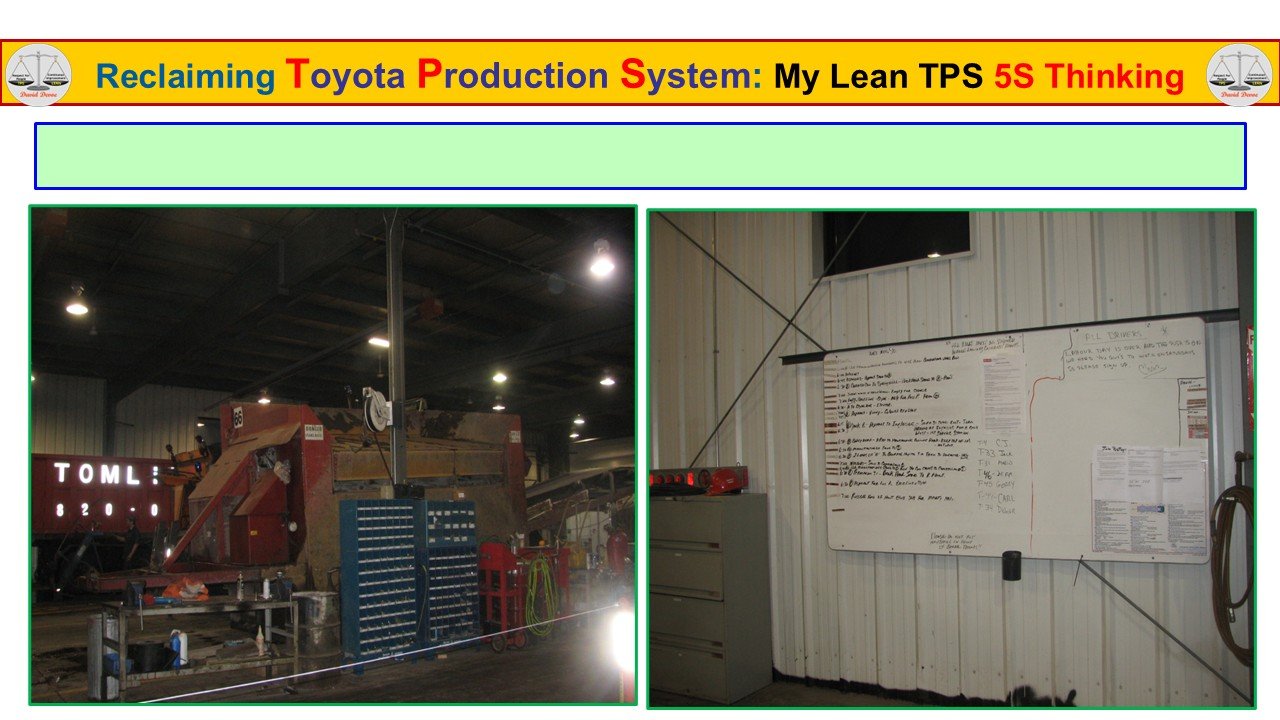 Lean TPS 5S visual management using centralized whiteboard and defined work area conditions.