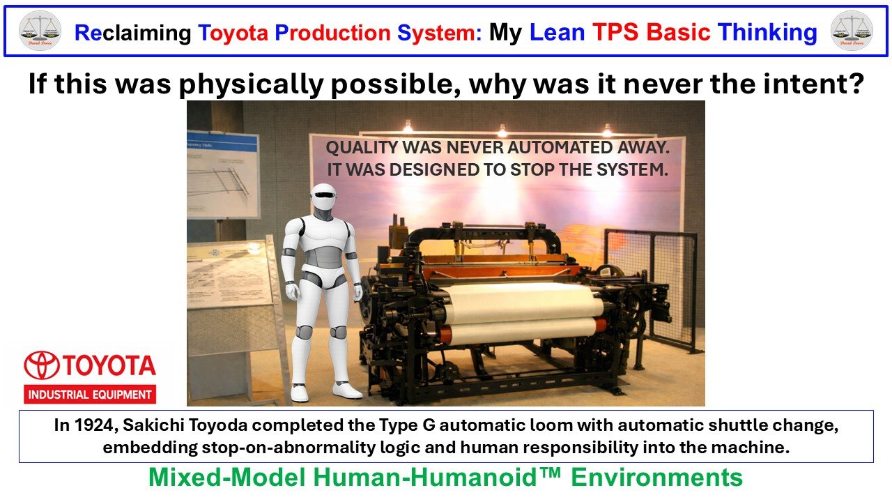 Humanoid positioned beside Sakichi Toyoda’s automatic loom illustrating Jidoka as a system design principle rather than automation