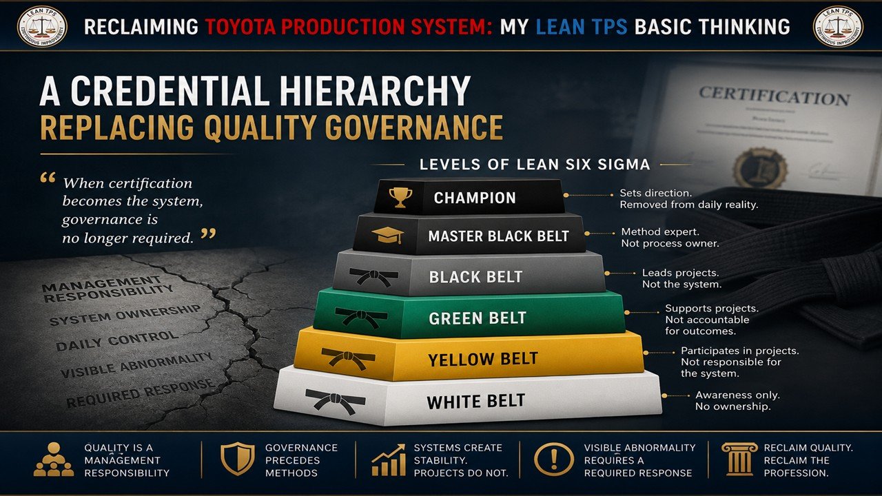 Lean TPS visual showing a Lean Six Sigma belt hierarchy replacing Quality governance through certification layers instead of leadership accountability and system control.