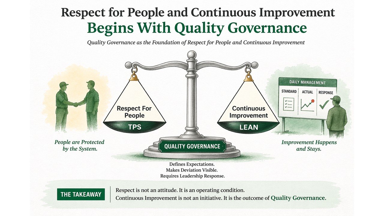 Quality governance as the foundation of Respect for People and Continuous Improvement shown as a balanced scale between TPS and Lean