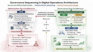 Governance sequencing diagram comparing optimization-first APS architecture with governance-first Lean TPS stack showing JIT exposure control and Jidoka abnormality control above ERP and APS execution tools.