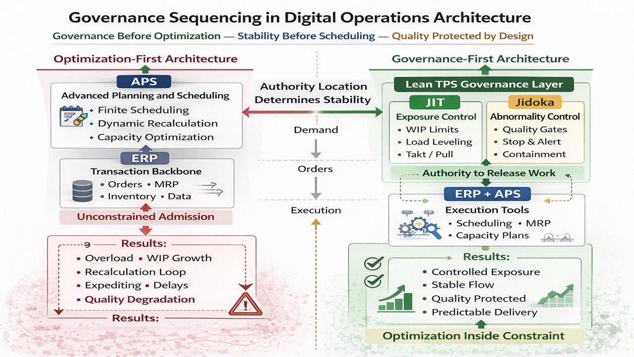 Governance sequencing diagram comparing optimization-first APS architecture with governance-first Lean TPS stack showing JIT exposure control and Jidoka abnormality control above ERP and APS execution tools.