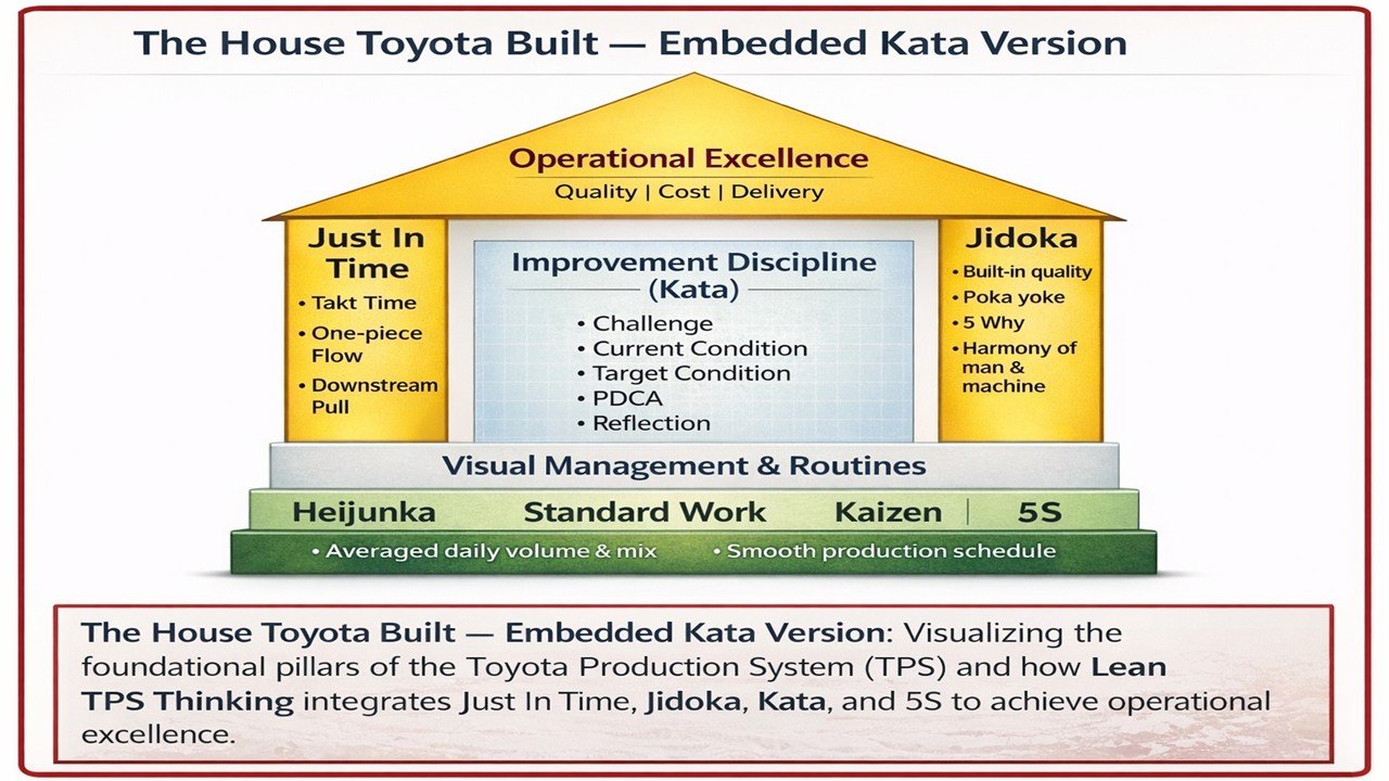 Diagram titled The House Toyota Built Embedded Kata Version showing Lean TPS governance architecture with Just In Time and Jidoka pillars, Improvement Discipline Kata positioned inside the house, and foundation elements of Heijunka, Standard Work, Kaizen, and 5S supporting Operational Excellence.
