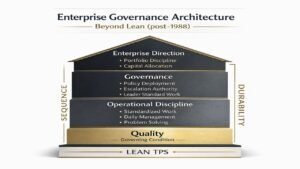 Enterprise governance architecture model showing governance-first sequencing with Quality as the governing condition beneath enterprise direction, governance, and operational discipline.