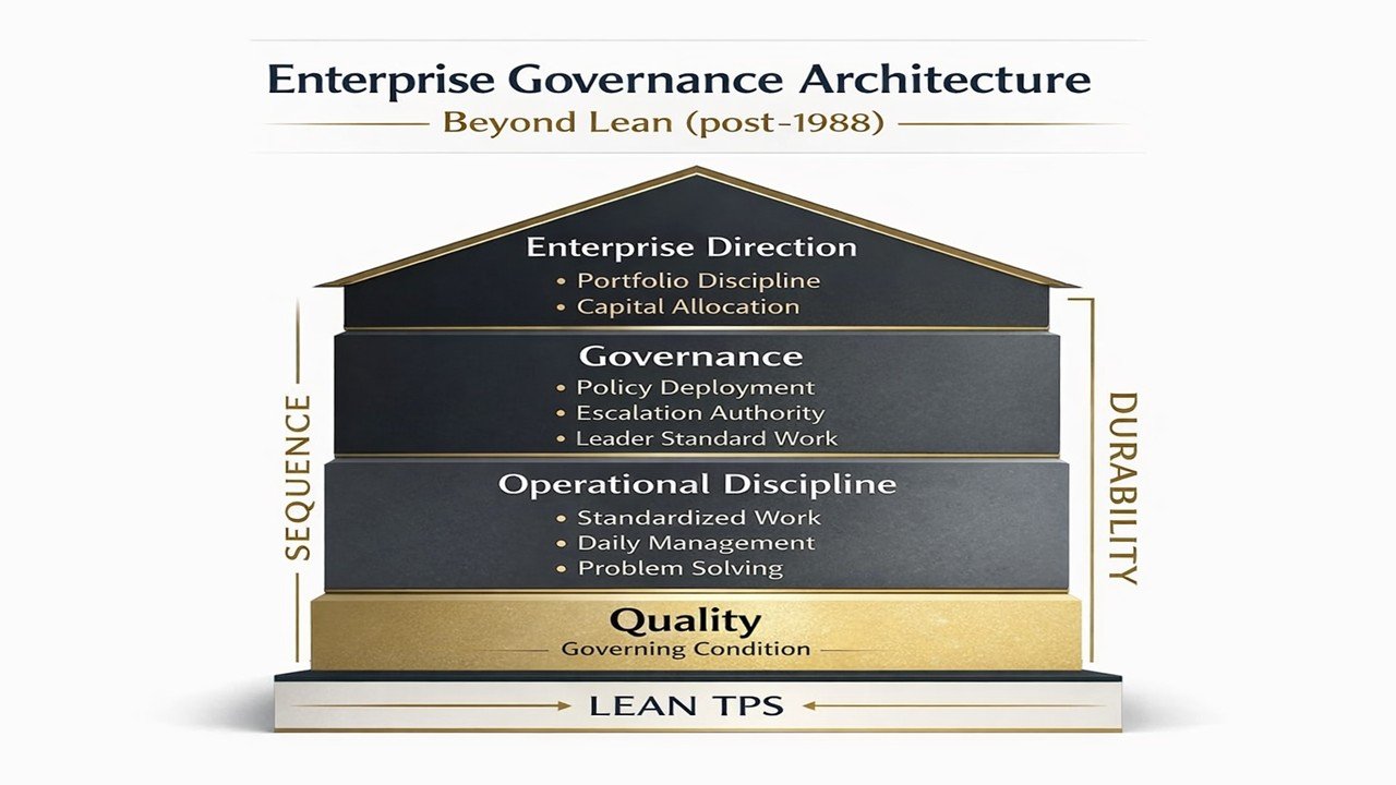 Enterprise governance architecture model showing governance-first sequencing with Quality as the governing condition beneath enterprise direction, governance, and operational discipline.