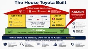 Toyota Production System house showing Standardized Work, Jidoka, Heijunka, and Kaizen with Taiichi Ohno's quote "Where there is no standard, there can be no Kaizen."