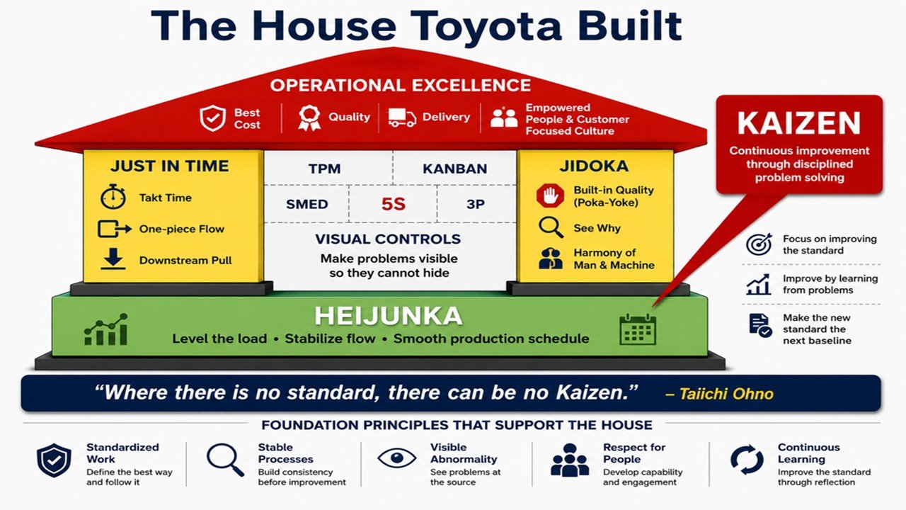 Toyota Production System house showing Standardized Work, Jidoka, Heijunka, and Kaizen with Taiichi Ohno's quote "Where there is no standard, there can be no Kaizen."