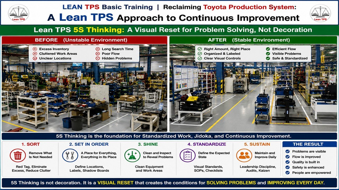 Lean TPS 5S Thinking visual showing before and after workplace conditions with 5S principles supporting Standardized Work, Jidoka, Quality, flow, and continuous improvement.