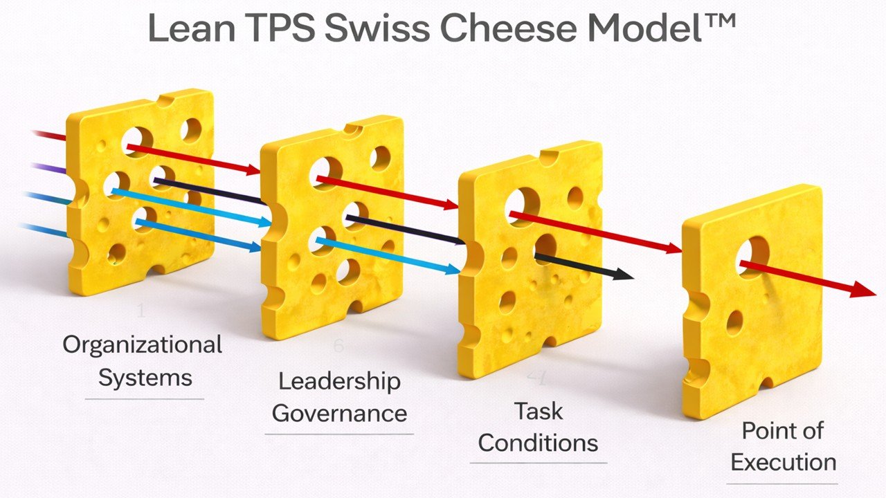 Lean TPS Swiss Cheese Model showing four aligned cheese slices representing Organizational Systems, Leadership Governance, Task Conditions, and Point of Execution, with layered penetration paths demonstrating Quality containment.