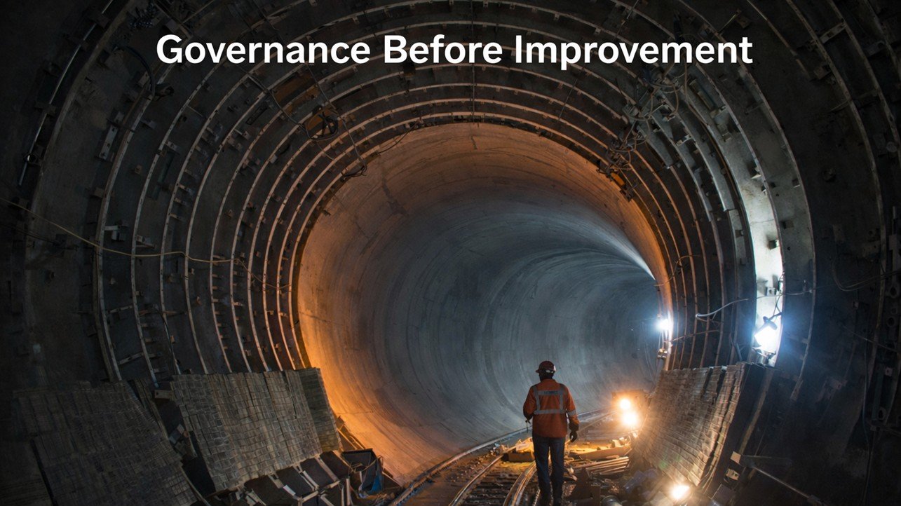 Diagram illustrating Jishuken as deliberate buffer reduction within Lean TPS governance, showing how reduced manpower, inventory, and cycle time expose management behavior and test Quality protection under disciplined control.