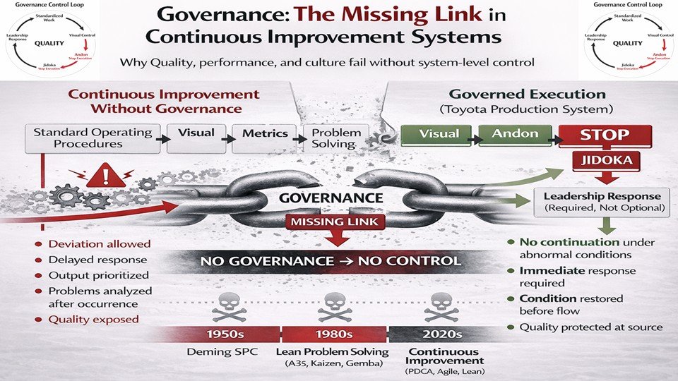 Governance as the missing link in continuous improvement systems showing standard operating procedures, visual control, Andon stop, Jidoka, and required leadership response to protect Quality