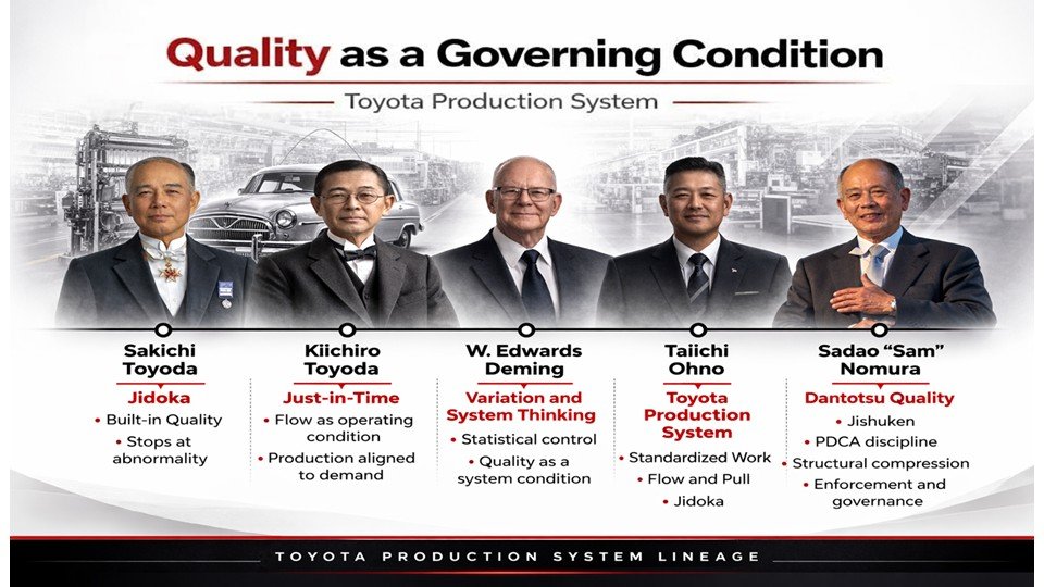 Toyota Production System Quality progression showing governing conditions, abnormality detection, and enforced response across operations