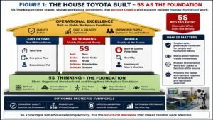Figure 1 showing the House Toyota Built with 5S Thinking as the foundation for stable workplace conditions, Quality, Standardized Work, Jidoka, and reliable human humanoid work.