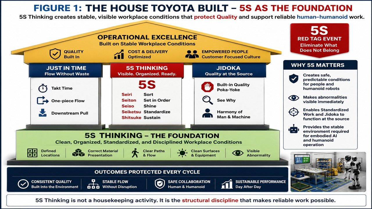 Figure 1 showing the House Toyota Built with 5S Thinking as the foundation for stable workplace conditions, Quality, Standardized Work, Jidoka, and reliable human humanoid work.