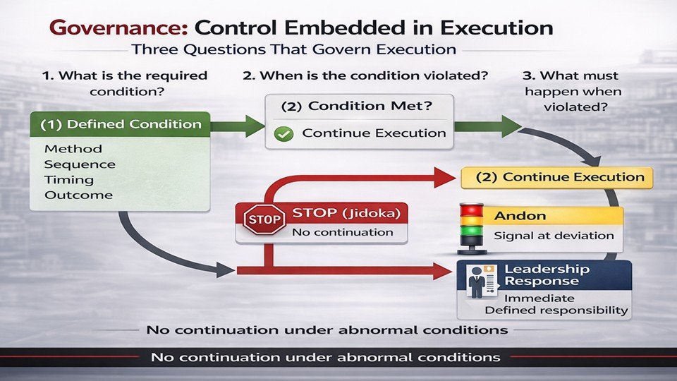 A Lean TPS system requires that execution is governed by three questions that define control. The required condition for execution must be explicitly defined through method, sequence, timing, and outcome. The point at which the condition is violated must be immediately recognizable during execution. The response required when the condition is not met must be enforced without delay. When these three elements operate together, execution is controlled and Quality is maintained as a condition of the system. Control precedes improvement because improvement depends on a stable and defined state of execution. When conditions are not defined, exposed, and enforced, improvement activity operates on an unstable system and results do not hold. Work continues under abnormal conditions, variation accumulates, and outcomes remain inconsistent. When control is established, improvement operates within defined boundaries and reinforces the condition that governs execution. Quality exists only when the required condition is maintained during each cycle of work. Quality is not achieved through measurement or inspection after execution. Quality is protected through enforcement of conditions during execution. When the condition is not met, work does not continue, and response restores the defined state before execution resumes. This enforcement prevents deviation from propagating and maintains stability at the source. A Lean TPS system requires that continuation under abnormal conditions is not permitted. When work continues despite violation of method, sequence, timing, or outcome, control does not exist and the system becomes dependent on judgment. Deviation is absorbed into normal work, and Quality is degraded. When continuation is prevented, the system enforces the boundary between normal and abnormal states and maintains control of execution. The system extends beyond individual elements and requires integration across condition definition, exposure, response, and learning. When these elements are aligned, execution is governed, leadership responds as required, and learning is embedded through repeated cycles of confirmation and correction. This integration establishes a system that maintains control and protects Quality as a condition of execution. Further development of this system requires expansion into condition design, response structure, and leadership integration at scale. The next stage addresses how conditions are constructed, how response is embedded across functions, and how governance is sustained across the organization.